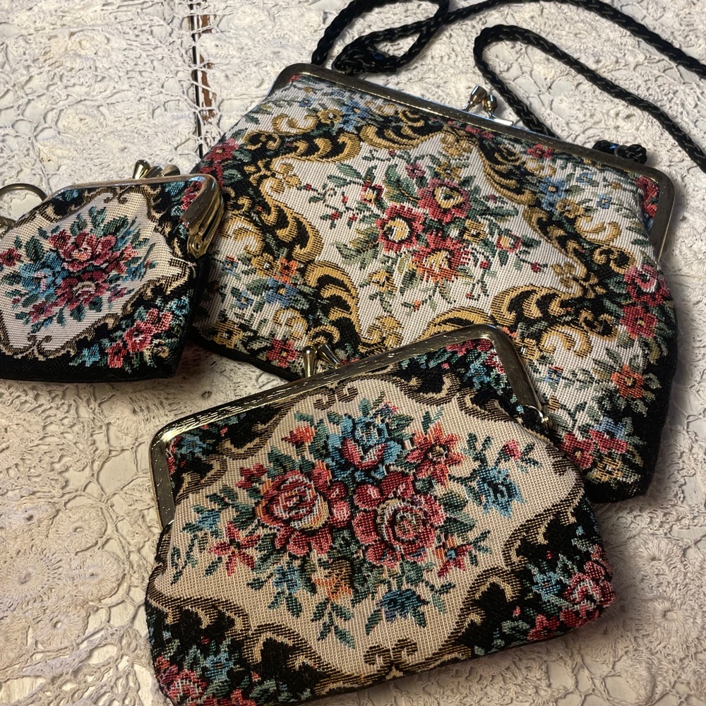 3 Tapestry vintage purse set. Evening bag, makeup bag and coin purse